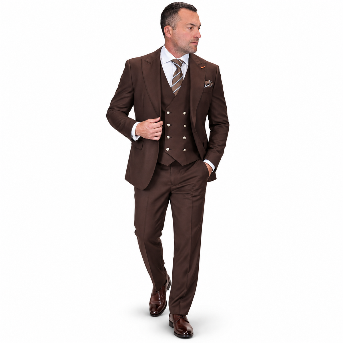3-Piece Peak Lapel Suit with Gold Button Vest - Brown
