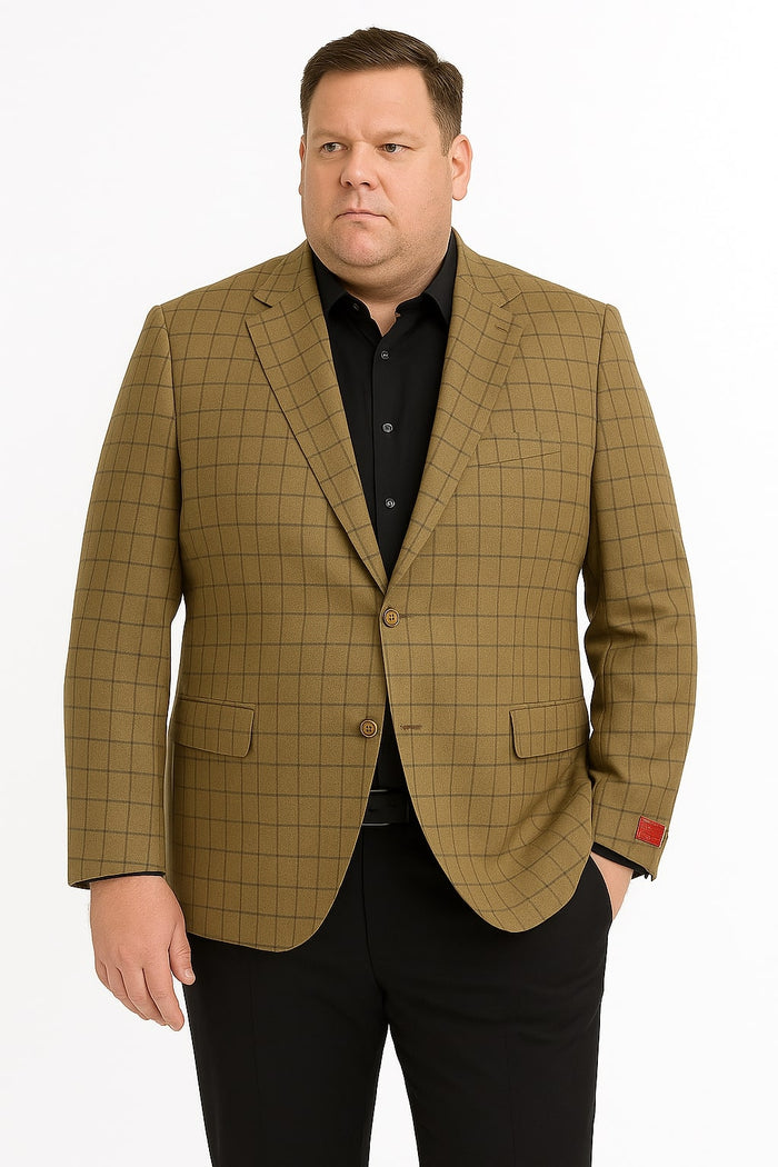 Men's Tan Plaid Blazer - Windowpane Checkered Taupe Colar with Conservative burgunsih Pattern Mix Perfect For Business by USA Men's Outlet