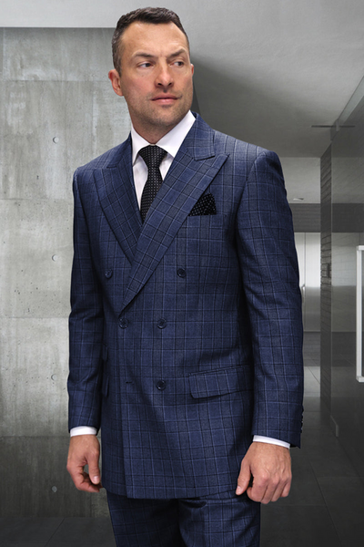 Men's Sapphire Blue Plaid Double Breasted Wool Suit