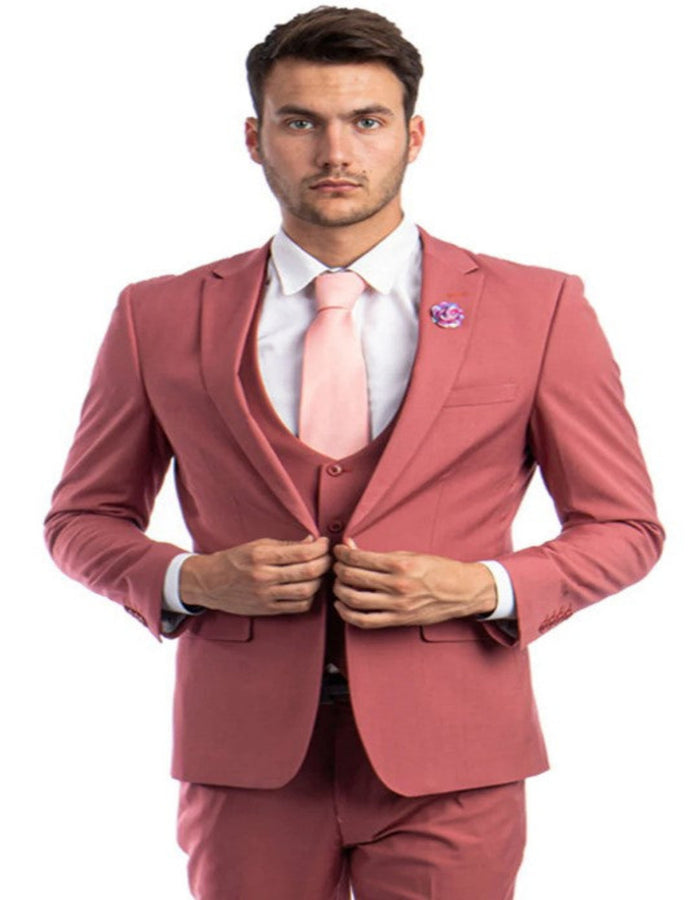 Men's One Button Peak Lapel Solid Vest in Coral Pink Slim Fit Suit by USA Men's Outlet