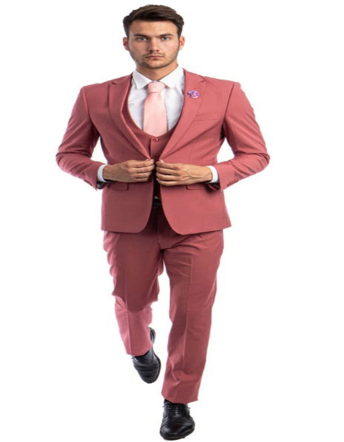 Men's One Button Peak Lapel Solid Vest in Coral Pink Slim Fit Suit by USA Men's Outlet