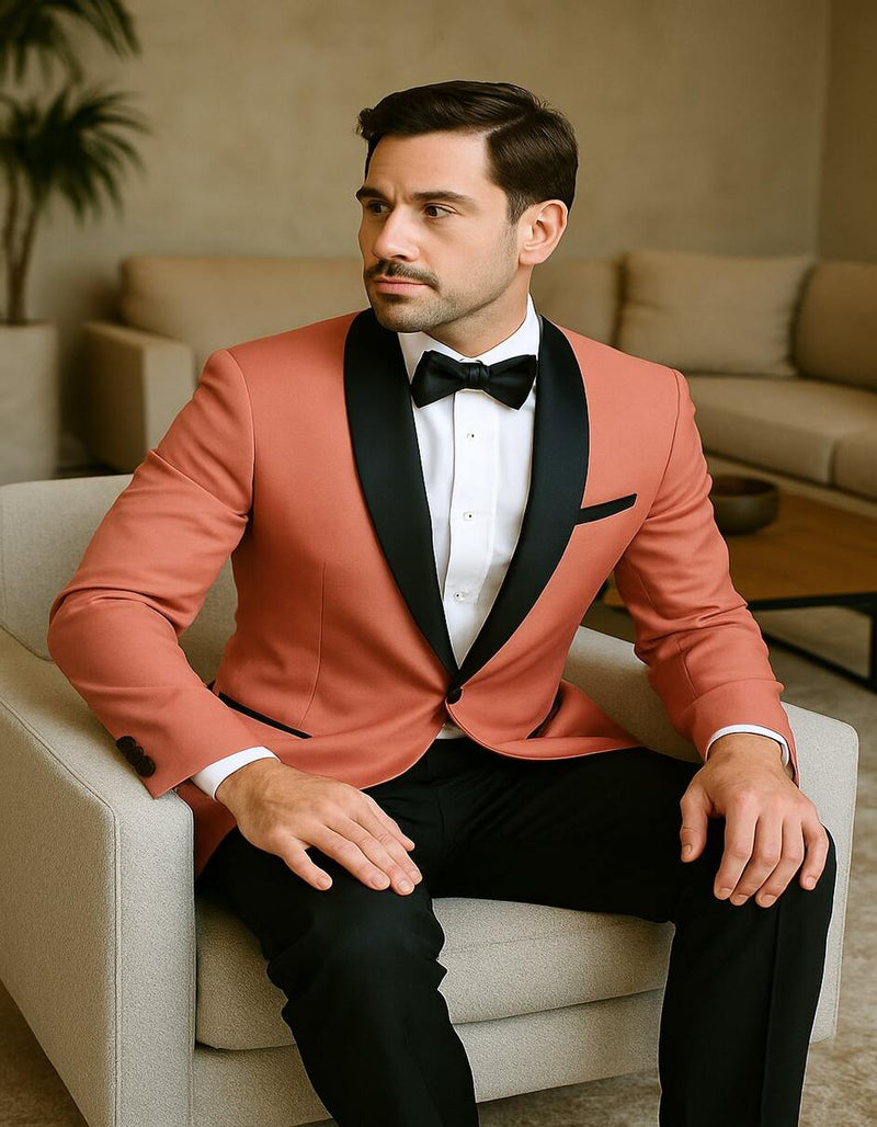 Men’s Coral Pink Tuxedo Jacket with Black Satin Shawl Lapel Velvet Fabric – Modern Slim Fit Formal Blazer