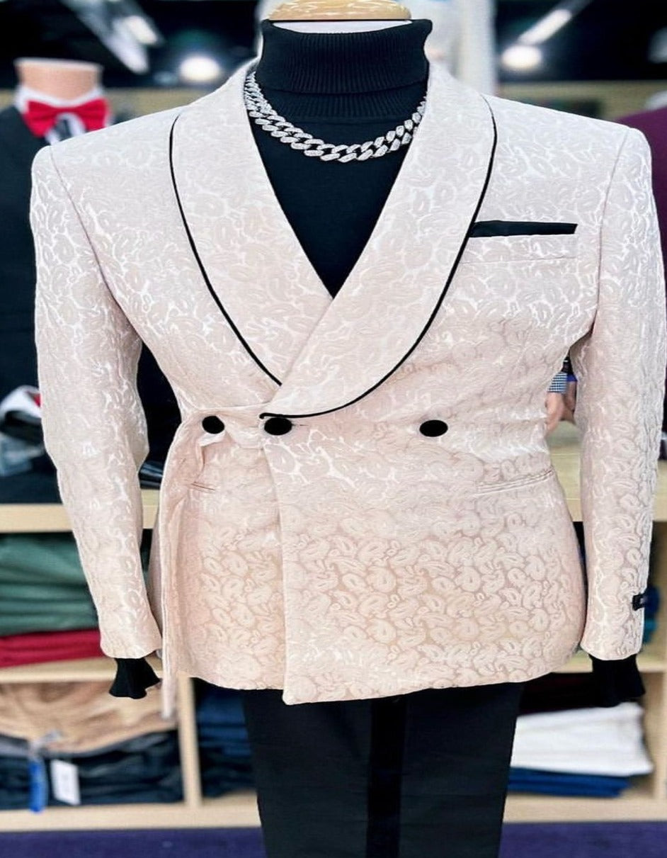 Men’s Cream Jacquard Double-Breasted Tuxedo with Black Trim – Formal Blazer for Weddings & Events Ivory Color