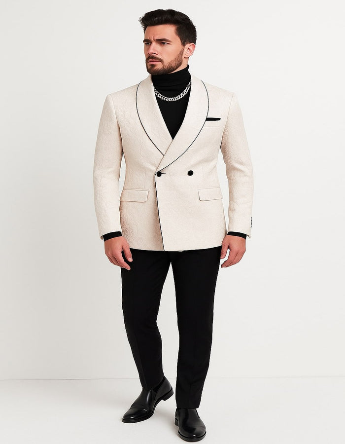 Men’s Cream Jacquard Double-Breasted Tuxedo with Black Trim - Formal Blazer for Weddings & Events Ivory Color USA Men's Outlet