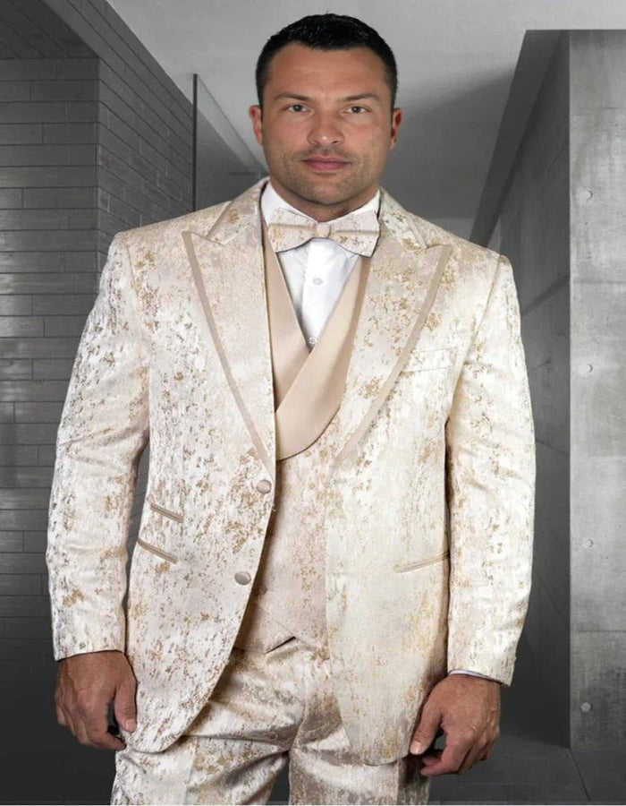 Tan Wedding Tuxedo - Groom Off Besom Pockets Suit in Beige Color