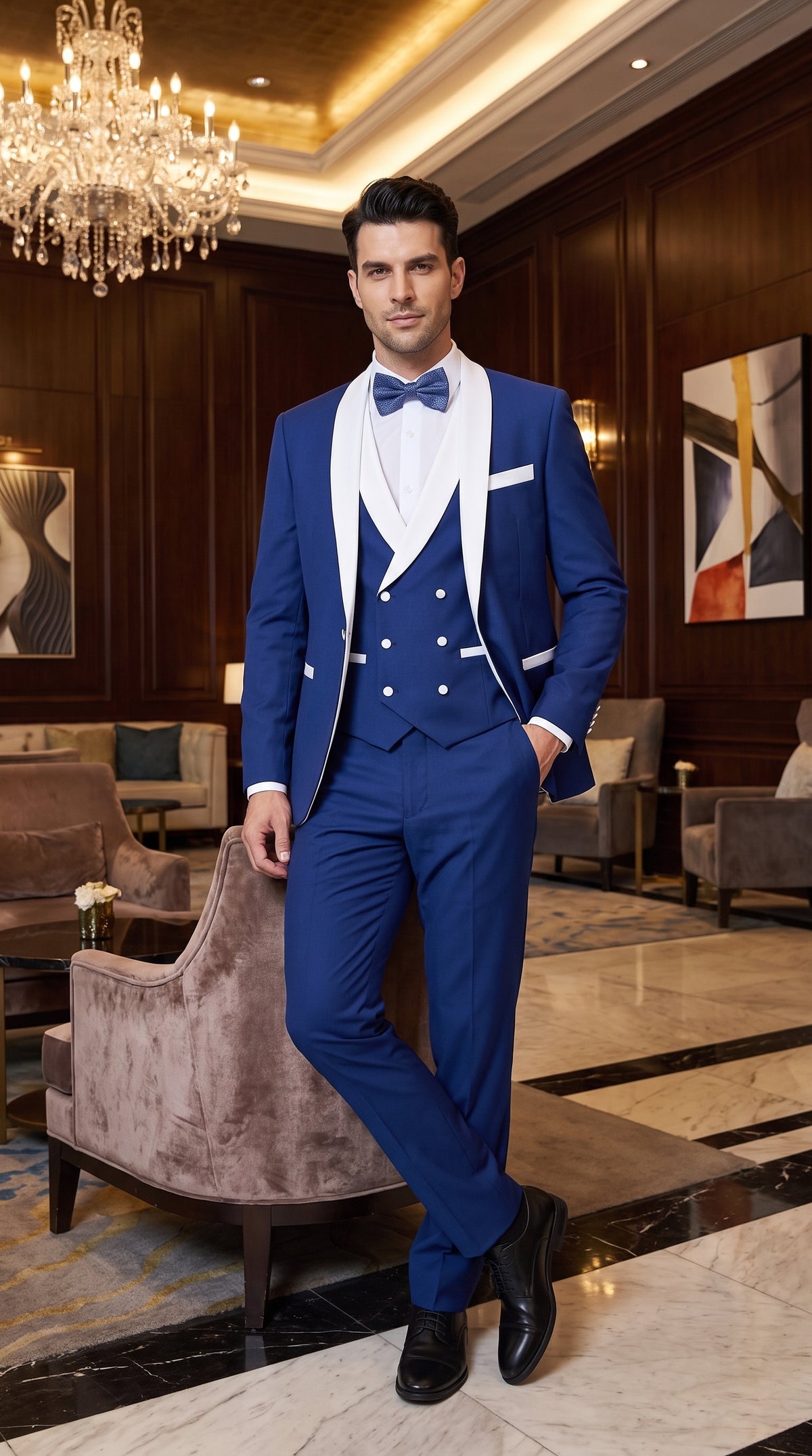Men’s Royal Blue Tuxedo 3 Piece Suit with White Shawl Lapel – Double Breasted Vest Wedding & Prom Suit