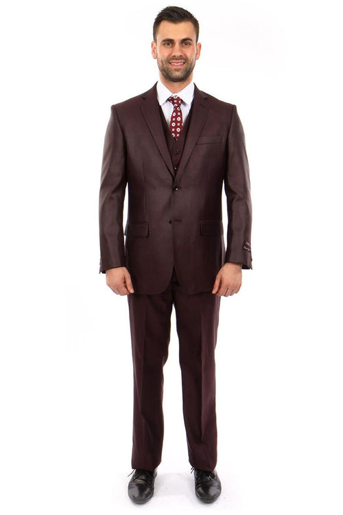 Men's Vested Textured Sharkskin Burgundy Suit