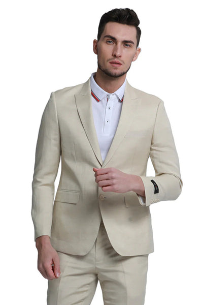 Mens Two Button Peak Lapel Summer Linen Style Beach Wedding Suit in Tan