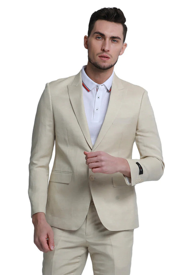 Mens Two Button Peak Lapel Summer Linen Style Beach Wedding Suit in Tan
