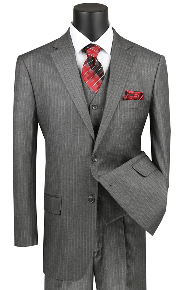 Mens Classic Fit Vested Banker Pinstripe Suit in Grey