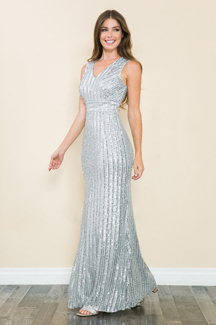 Formal Dress V-Neck Sleeveless Sheath Sequine Gown By Lenovia 5246