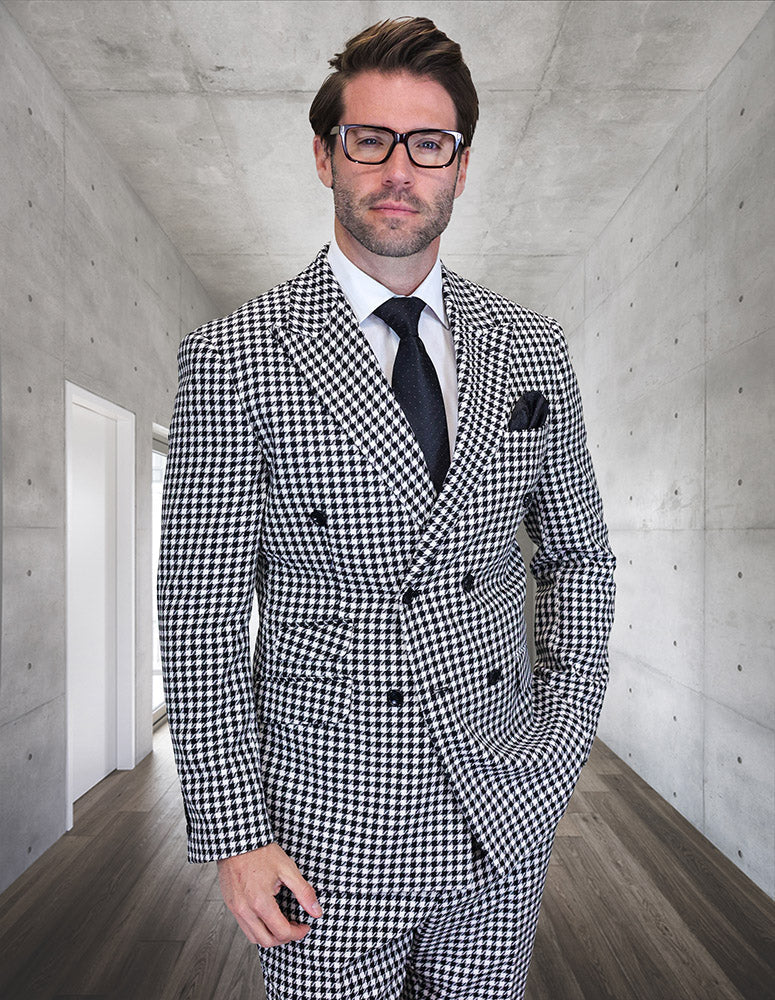 Double Breasted Suits - Vested Suits Wool Fabric - Black Houndstooth Suit by USA Men's Outlet
