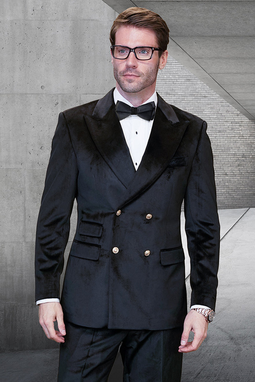 Men's Velvet Double Breasted Suit in Black with Gold Buttons