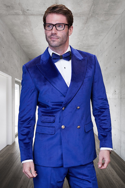 Men's Sapphire Velvet Double Breasted Suit with Gold Buttons