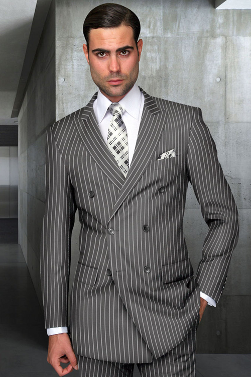 Men's Double Breasted Wool Suit in Bold Grey Pinstripe