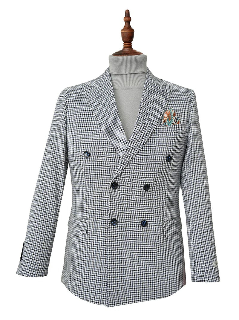 Blue Houndstooth Hybrid Fit Double Breasted Jacket