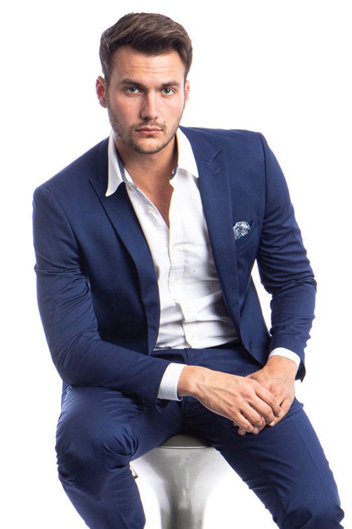 Men's Slim Fit Dark Blue Suit with One Button Peak Lapel