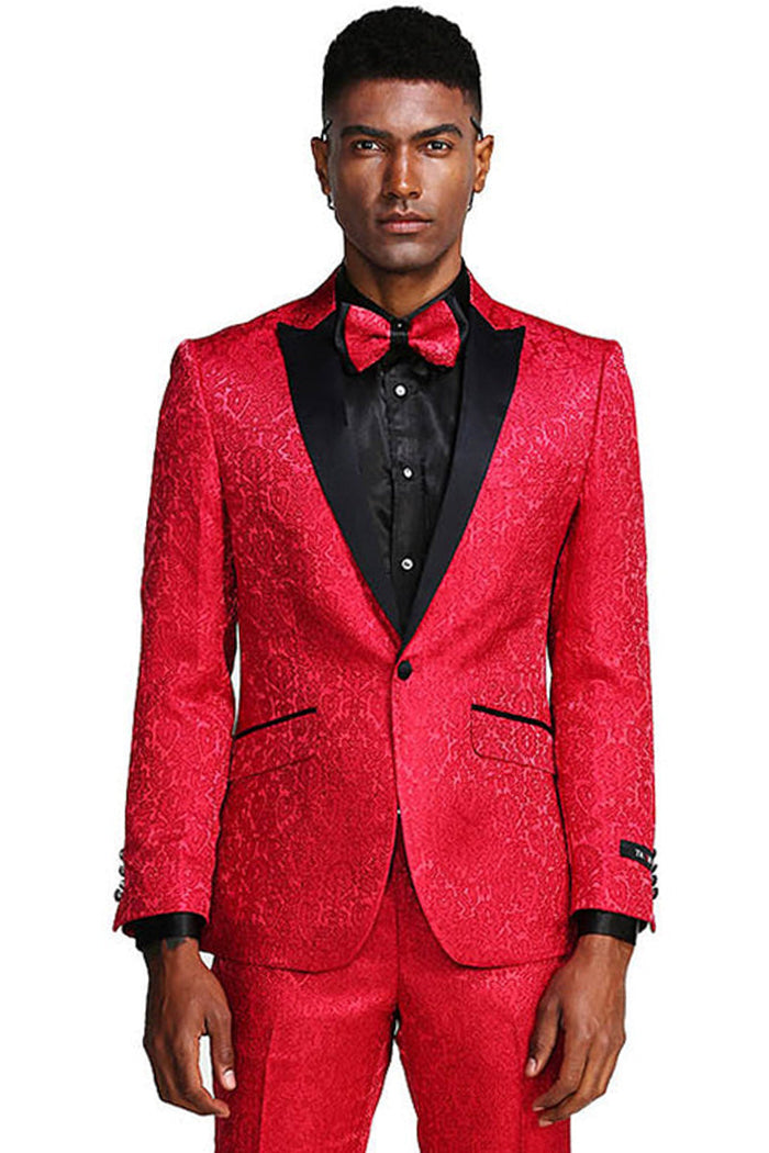 Red Paisley Men's Slim Fit Tuxedo - One Button Wedding & Prom Suit by Tazzio