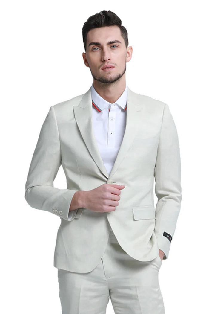 Mens Two Button Peak Lapel Summer Linen Style Beach Wedding Suit in Ivory Off White
