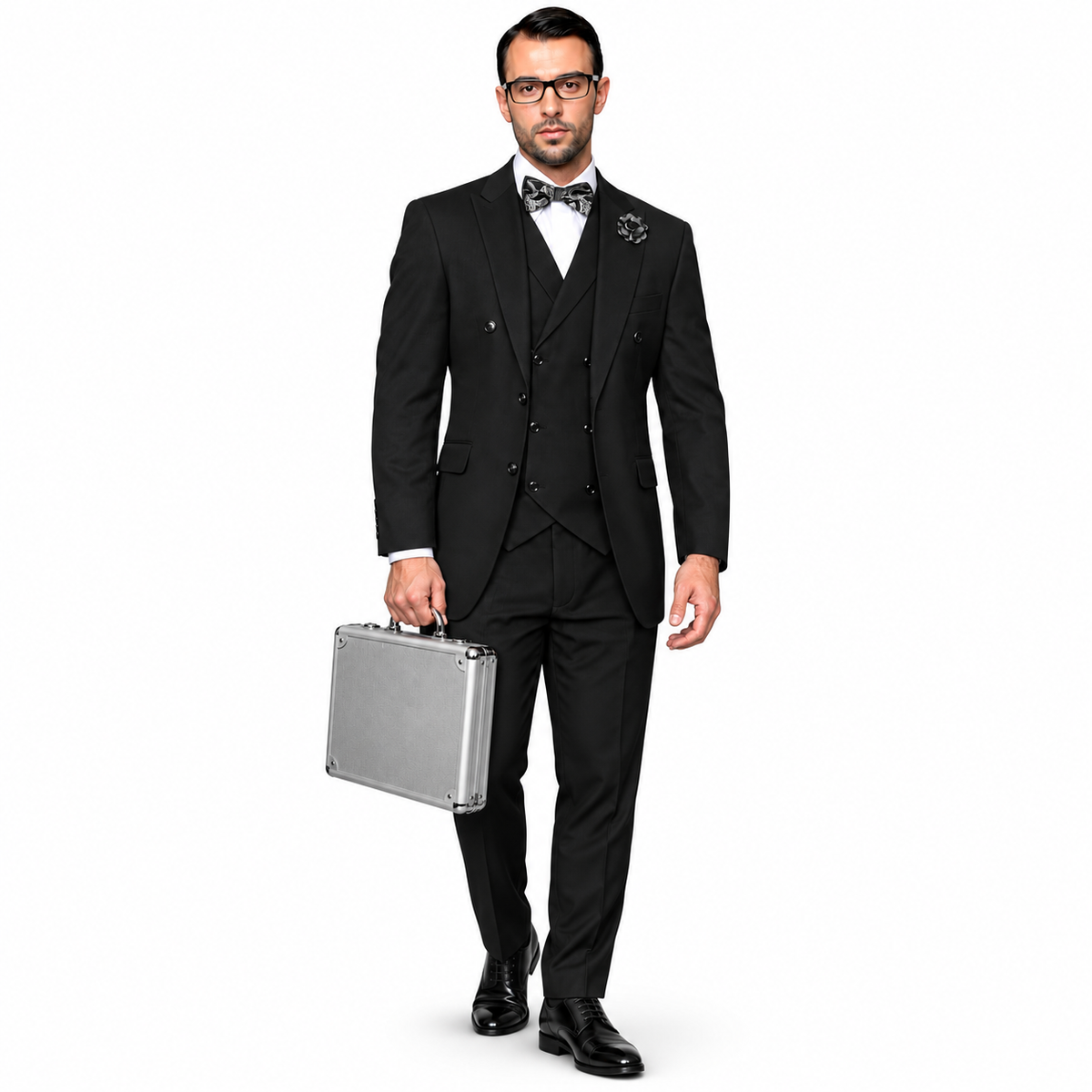 Men’s 3 Piece Classic Fit Suit with Double-Breasted Vest and Pleated Pants - Black