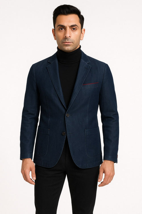 Mens Dark Blue Denim Casual Blazer with Notch Lapel and Single Button Closure by USA Men's Outlet