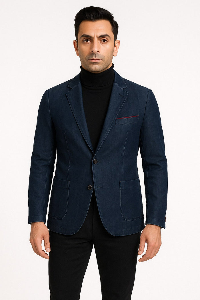 Mens Dark Blue Denim Casual Blazer with Notch Lapel and Single Button Closure by USA Men's Outlet