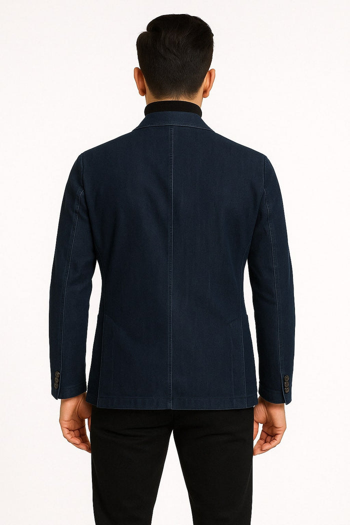 Mens Dark Blue Denim Casual Blazer with Notch Lapel and Single Button Closure by USA Men's Outlet