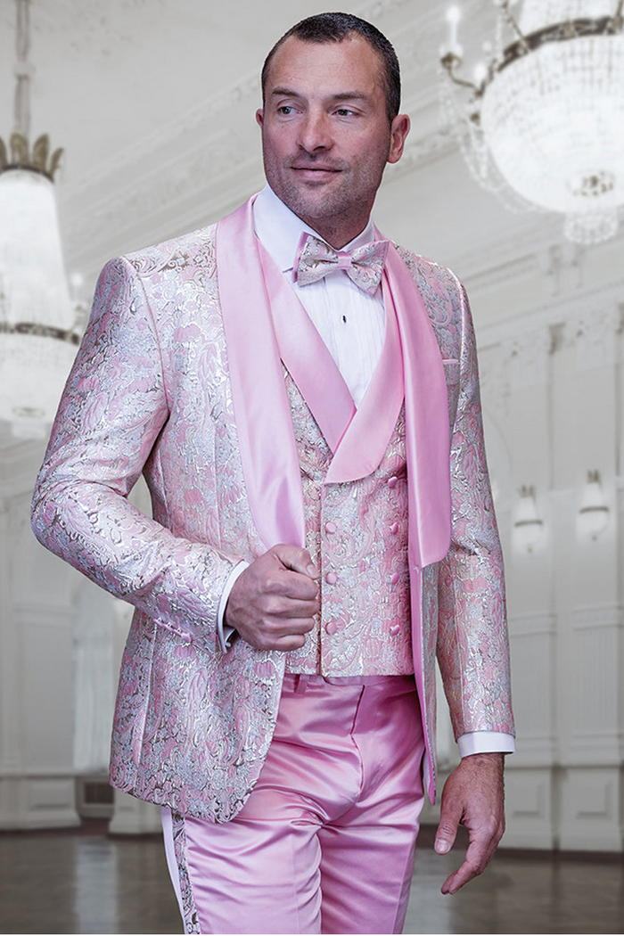Men's Blush Pink Paisley Tuxedo with Double Breasted Vest