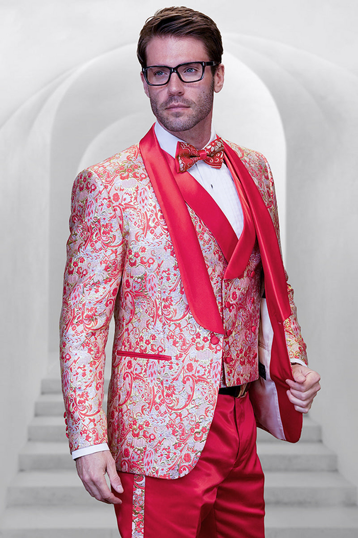 Men's Shiny Paisley Tuxedo in Coral Orange