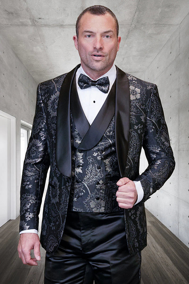 Men's black paisley lace print vested tuxedo for prom & wedding with satin lapel and bowtie by USA Men's Outlet