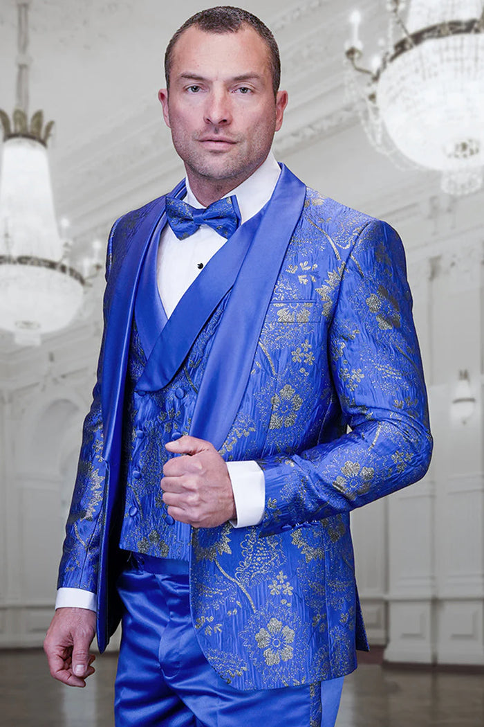 Men's royal blue paisley lace print tuxedo with double breasted vest - prom & wedding suit USA Men's Outlet