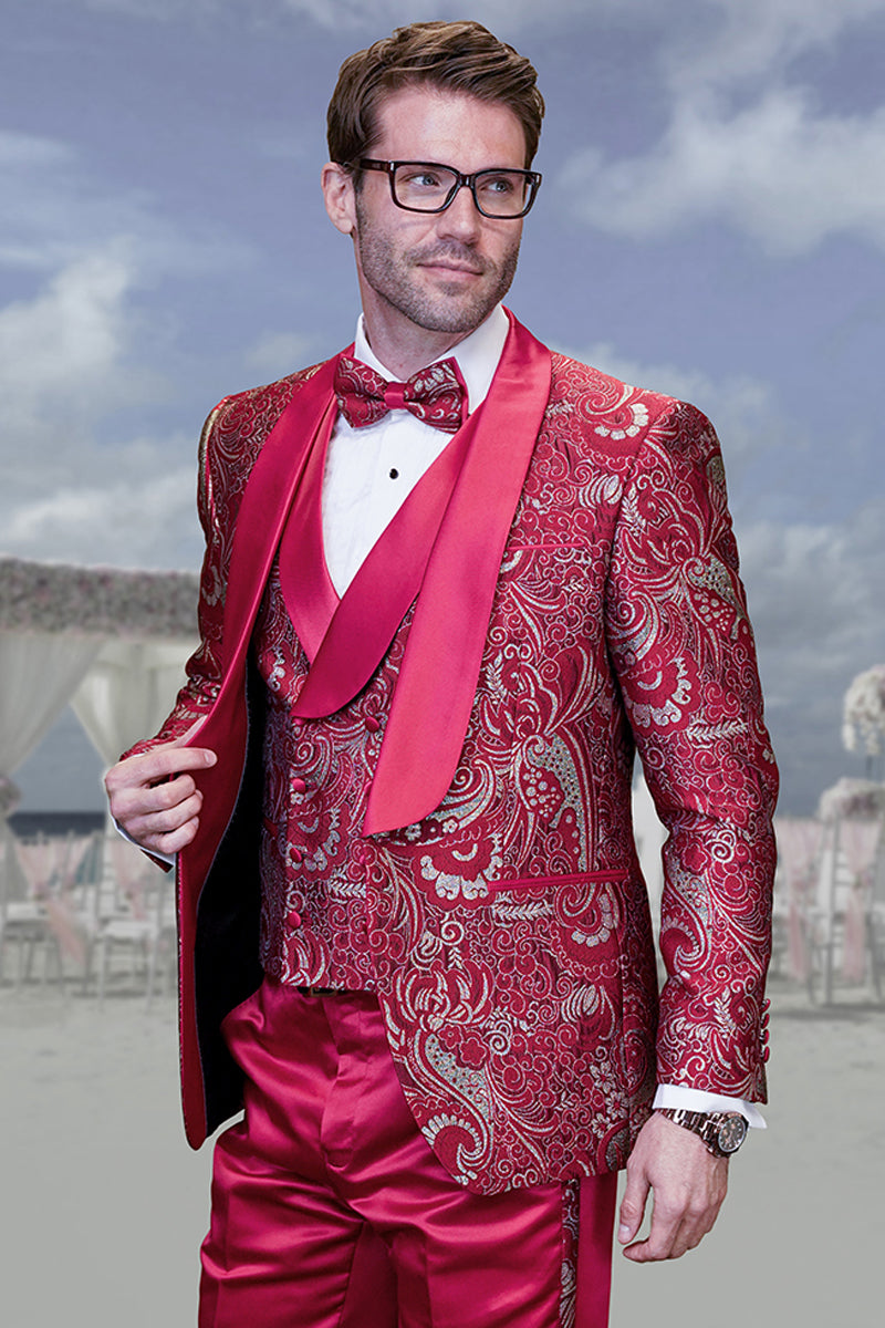 Men's Red Brocade Paisley Tuxedo with Vested Prom & Wedding Suit