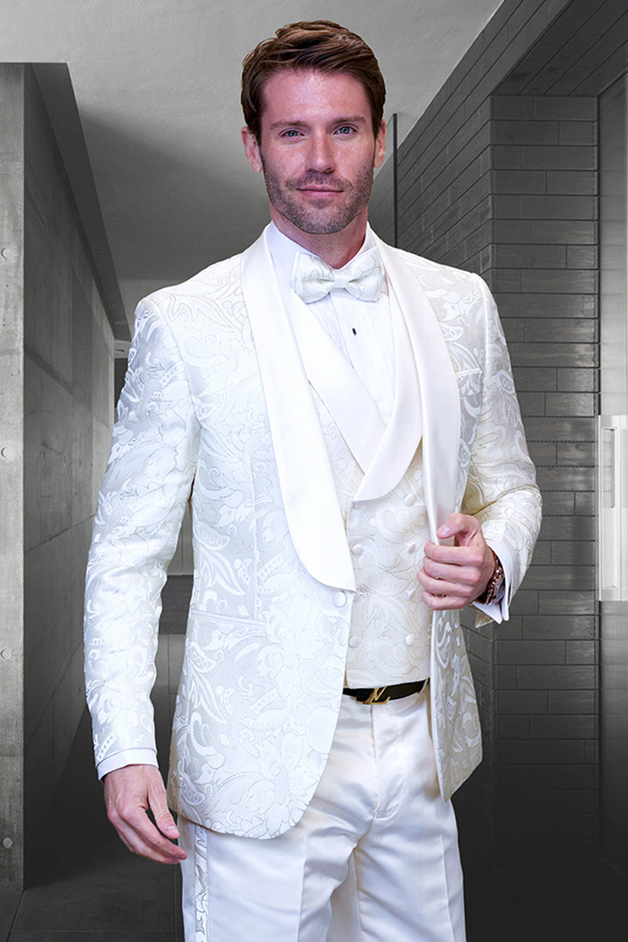 Men's Ivory Shiny Paisley Vested Tuxedo for Prom & Weddings