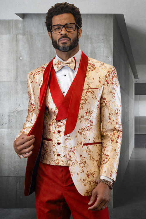 Men's Vested Prom & Wedding Tuxedo in Japanese Paisley Satin - Coral Orange