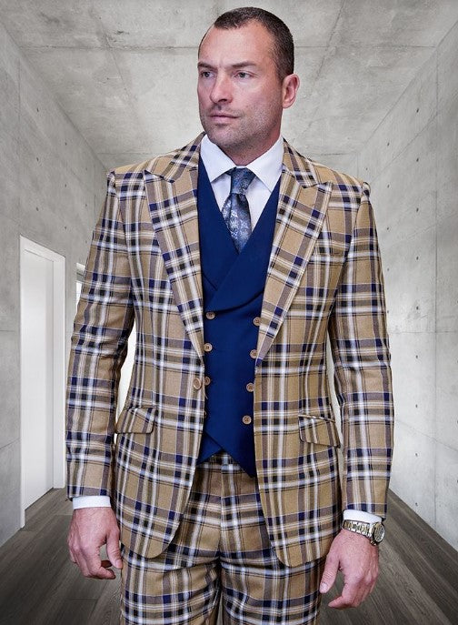 Statement Confidence Designer Suit - Camel Khaki Color Windowpane - Super 150's Wool Suit 1 Button Peak Lapel Double Breasted Vest Tan and Blue Mixture Color Perfect Fro Church by USA Men's Outlet