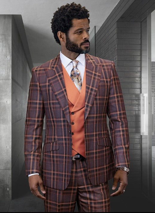Statement Confidence Designer Suit - Copper - Orange - Super 150's Wool Suit 1 Button Peak Lapel Double Breasted Vest Rust Color Perfect Fro Church by USA Men's Outlet