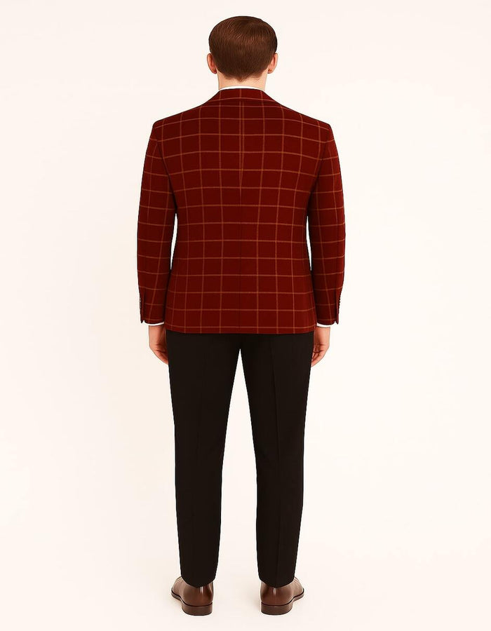 Men's Red Velvet Plaid Blazer with Satin Lapel - Designer Tartan Suit Jacket for Holidays and Events by USA Men's Outlet