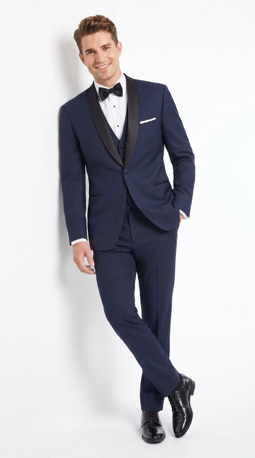 Designer Tuxedos Men’s Navy One Button Shawl Lapel Tuxedo Suit for Wedding, Prom and Formal Events