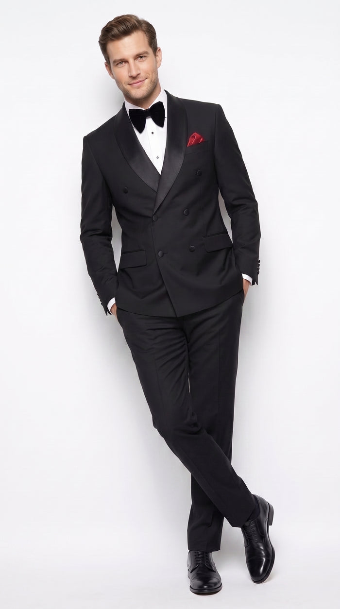 Men’s Black 6 Button Double Breasted Tuxedo, 2 Piece Formal Wedding Prom Suit