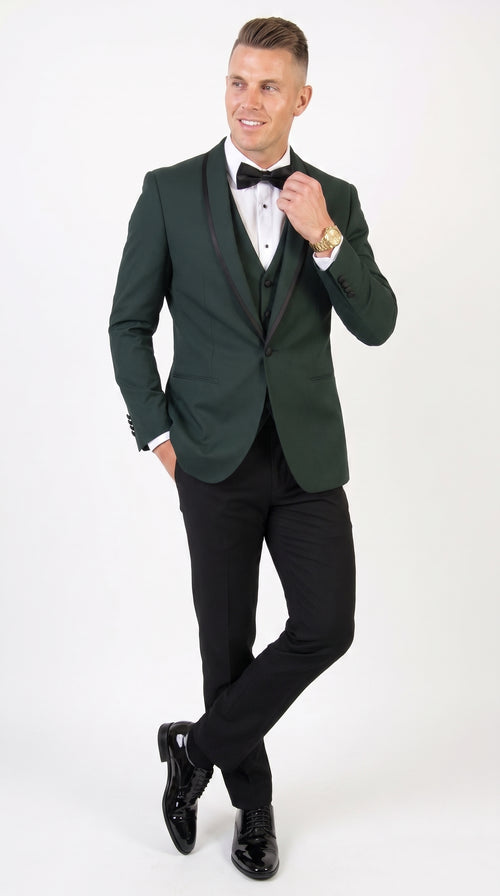 Men’s Hunter Green Shawl Lapel Tuxedo with Satin Trim, Formal Wedding Prom Dinner Suit