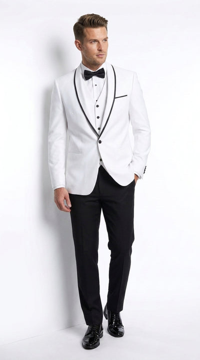 Men’s White and Black One Button Satin Trim Shawl Lapel Tuxedo for Wedding, Prom and Formal Events