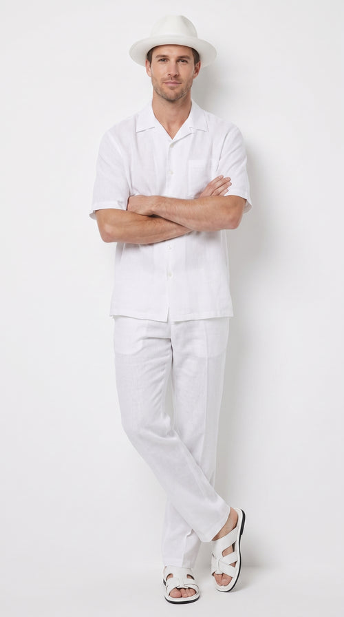 Men’s Big Size White Linen Walking Suit, Short Sleeve Shirt and Pants Casual Summer Set