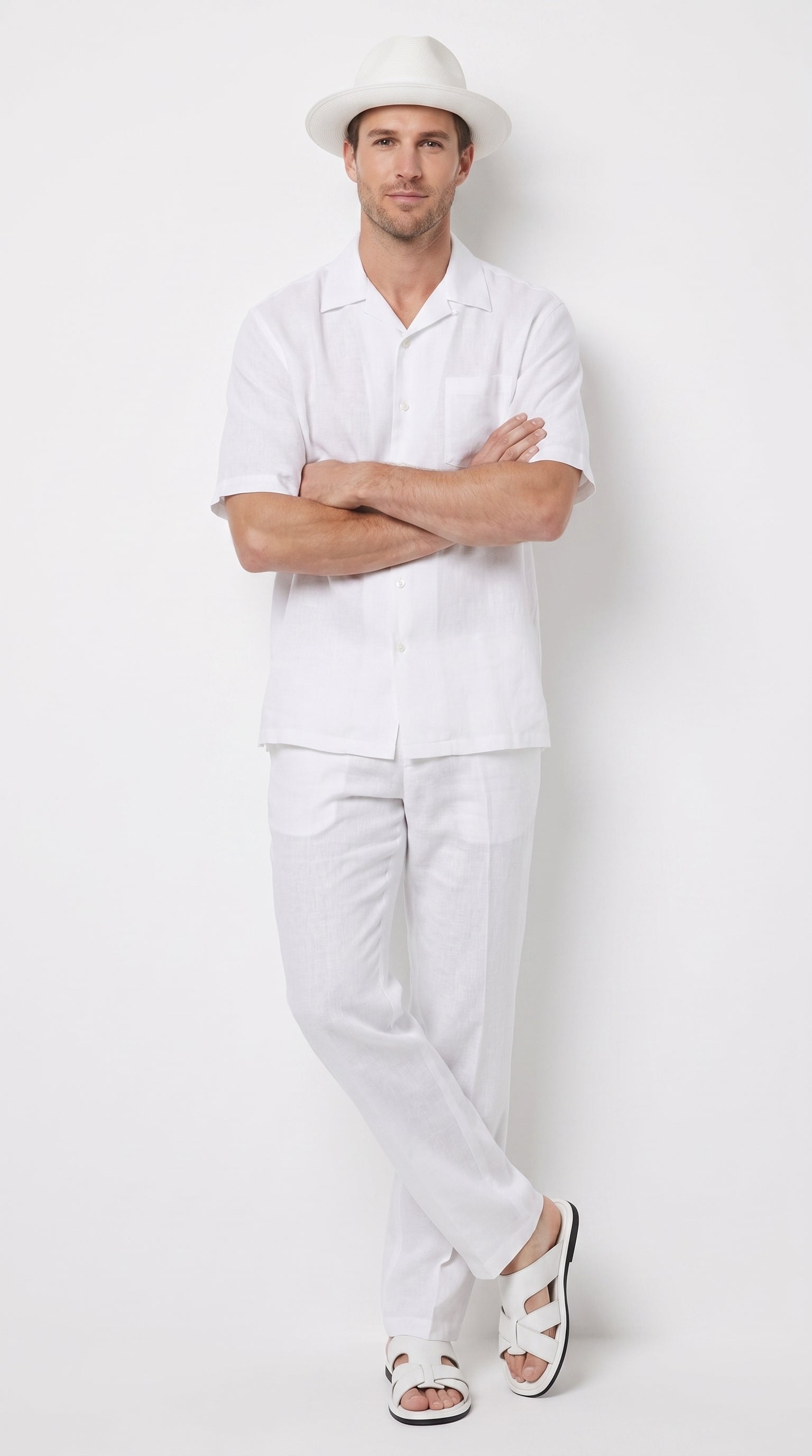 Men’s Big Size White Linen Walking Suit, Short Sleeve Shirt and Pants Casual Summer Set