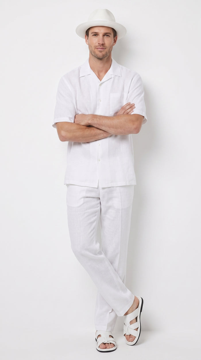 Men’s Big Size White Linen Walking Suit, Short Sleeve Shirt and Pants Casual Summer Set