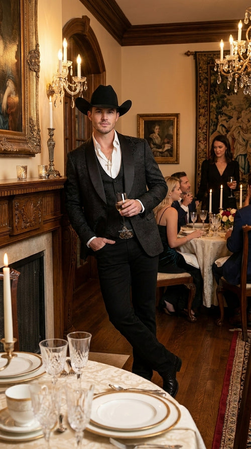 Men’s Black Paisley Jacquard Blazer with Satin Shawl Lapel, Western Formal Designer Jacket