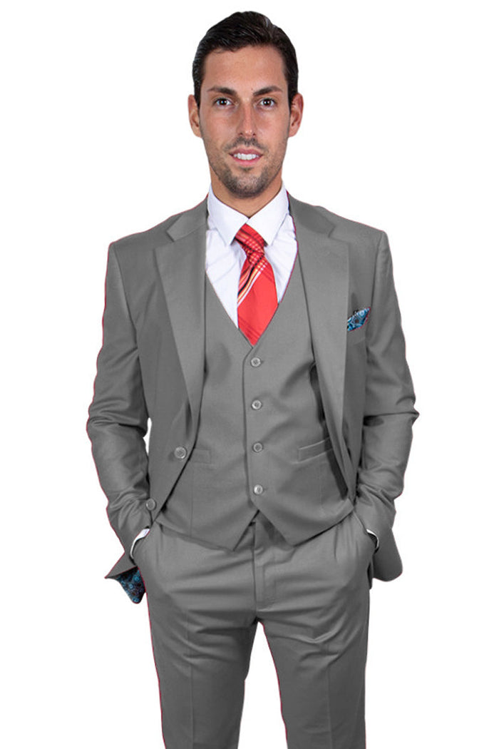 Men's Stylish Grey Vested Stacy Adams 2-Button Basic Suit