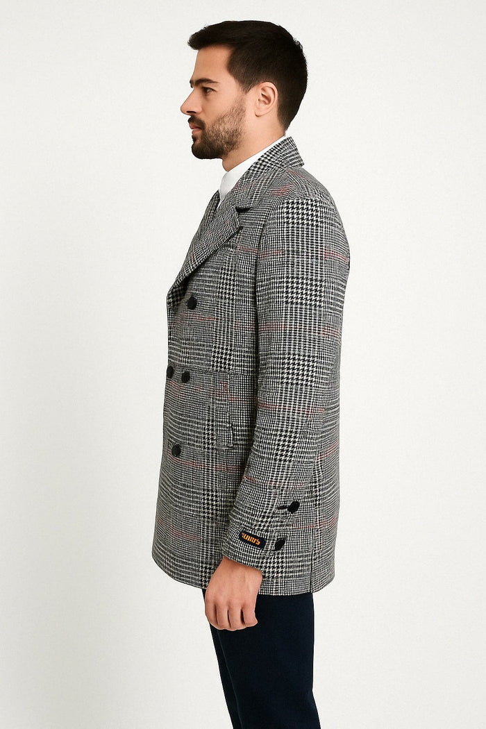Mens Double-Breasted Houndstooth Plaid Overcoat in Black, White, and Red USA Men's Outlet