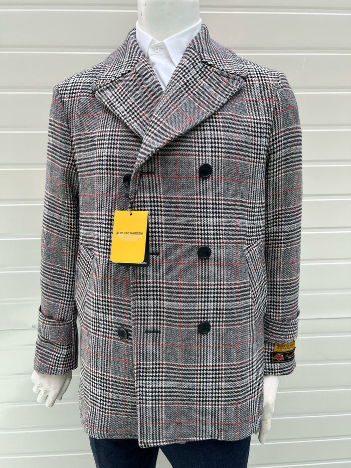Mens Double-Breasted Houndstooth Plaid Overcoat in Black, White, and Red USA Men's Outlet