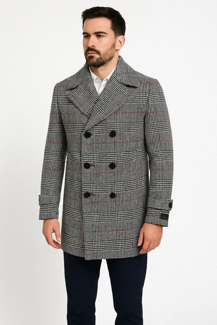Mens Double-Breasted Houndstooth Plaid Overcoat in Black, White, and Red USA Men's Outlet