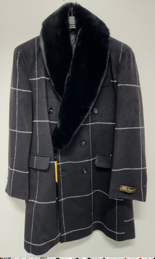 Mens Black Windowpane Wool Overcoat with Faux Fur Shawl Collar – Double-Breasted Long Coat